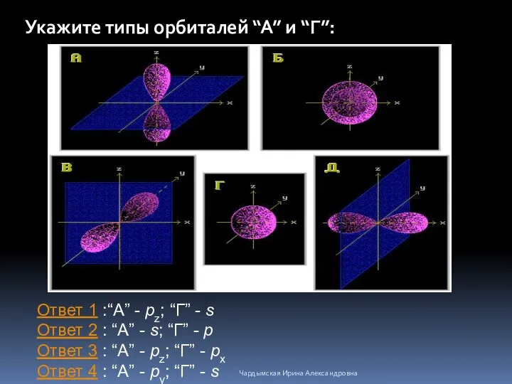 Укажите типы орбиталей “А” и “Г”: Ответ 1 :“А” - pz;