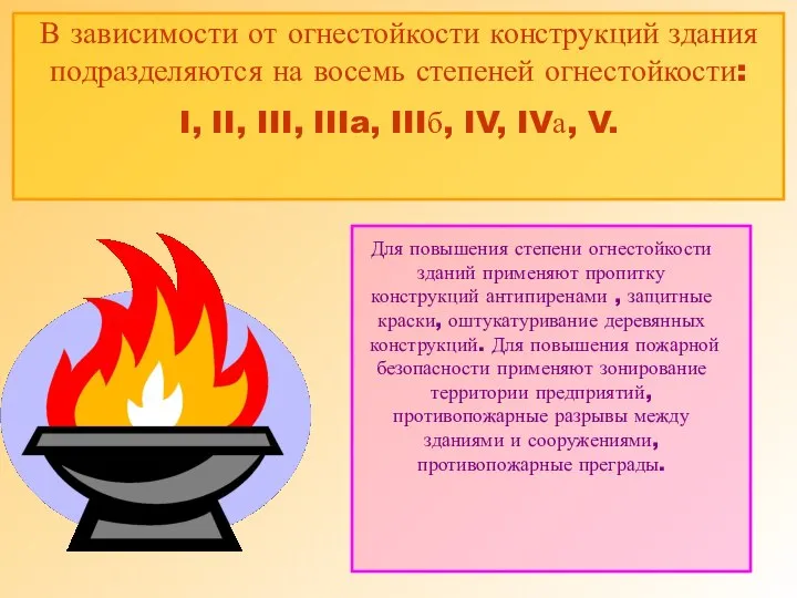 В зависимости от огнестойкости конструкций здания подразделяются на восемь степеней огнестойкости: