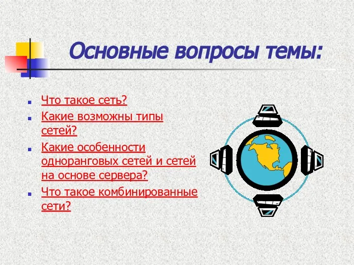 Основные вопросы темы: Что такое сеть? Какие возможны типы сетей? Какие