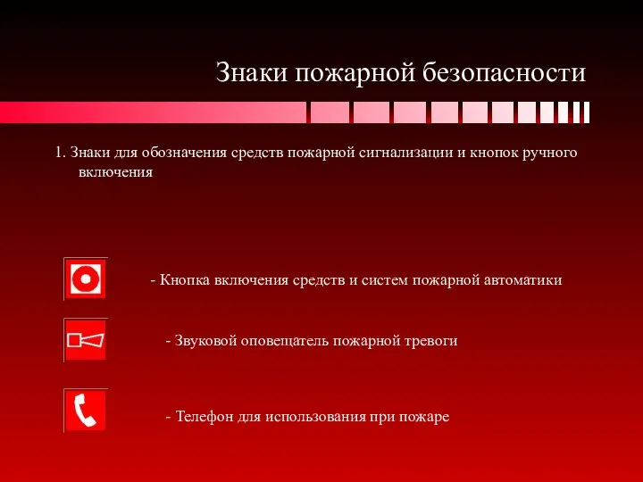 Знаки пожарной безопасности 1. Знаки для обозначения средств пожарной сигнализации и