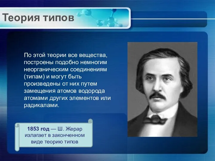 Теория типов По этой теории все вещества, построены подобно немногим неорганическим