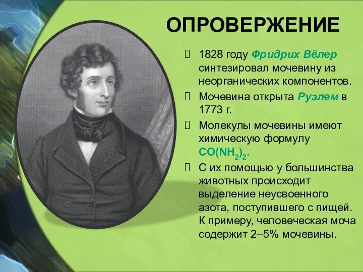 ОПРОВЕРЖЕНИЕ 1828 году Фридрих Вёлер синтезировал мочевину из неорганических компонентов. Мочевина