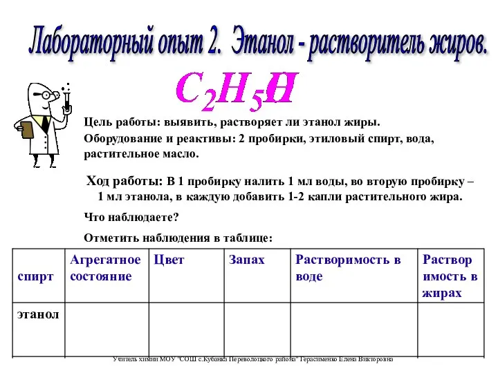 Лабораторный опыт 2. Этанол - растворитель жиров. Ход работы: В 1