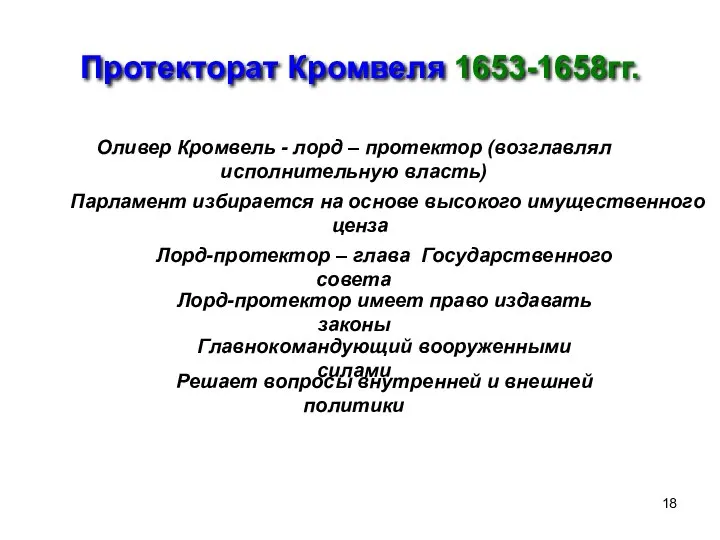 Протекторат Кромвеля 1653-1658гг. Оливер Кромвель - лорд – протектор (возглавлял исполнительную