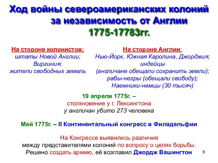 Ход войны североамериканских колоний за независимость от Англии 1775-17783гг. 19 апреля