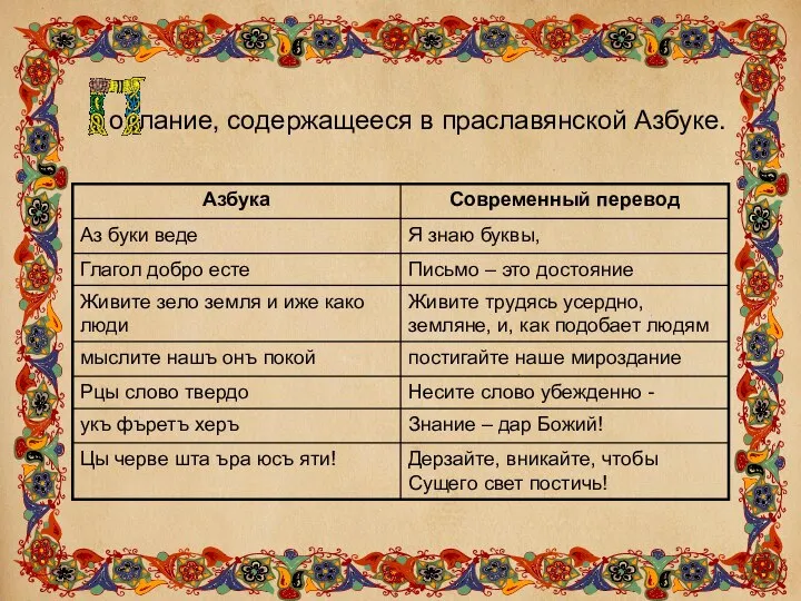 ослание, содержащееся в праславянской Азбуке.