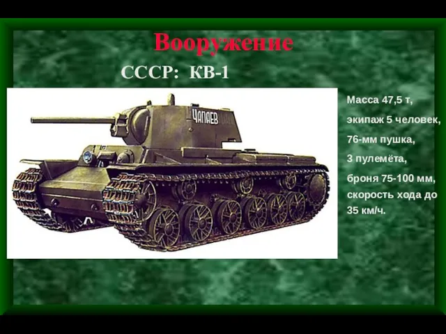 Вооружение СССР: КВ-1 Масса 47,5 т, экипаж 5 человек, 76-мм пушка,