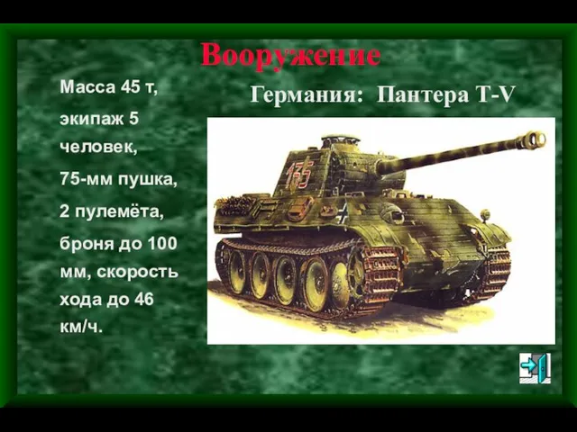 Вооружение Германия: Пантера Т-V Масса 45 т, экипаж 5 человек, 75-мм