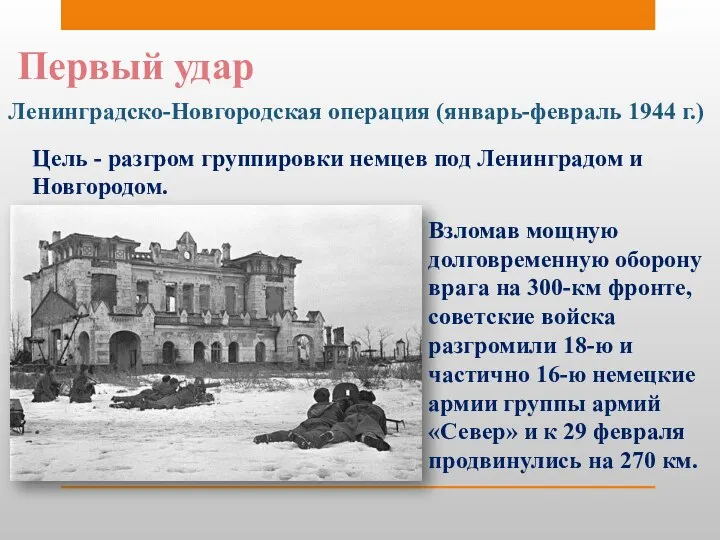 Первый удар Ленинградско-Новгородская операция (январь-февраль 1944 г.) Цель - разгром группировки