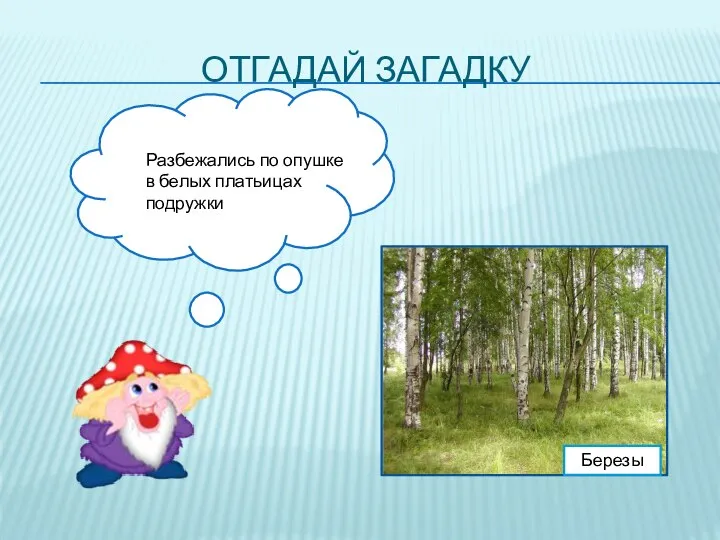 Отгадай загадку Березы Разбежались по опушке в белых платьицах подружки