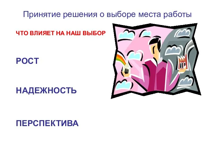 Принятие решения о выборе места работы ЧТО ВЛИЯЕТ НА НАШ ВЫБОР РОСТ НАДЕЖНОСТЬ ПЕРСПЕКТИВА