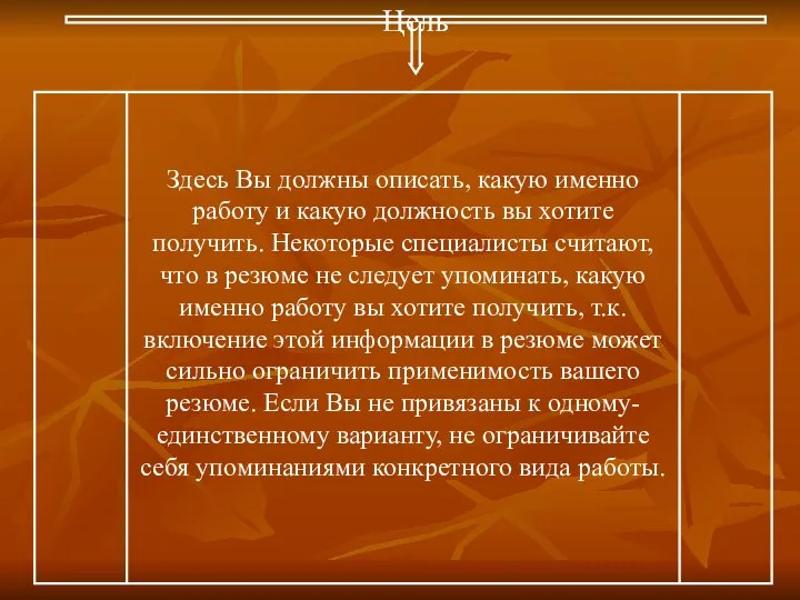 Цель Здесь Вы должны описать, какую именно работу и какую должность