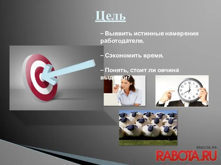 Цель – Выявить истинные намерения работодателя. – Сэкономить время. – Понять, стоит ли овчина выделки?