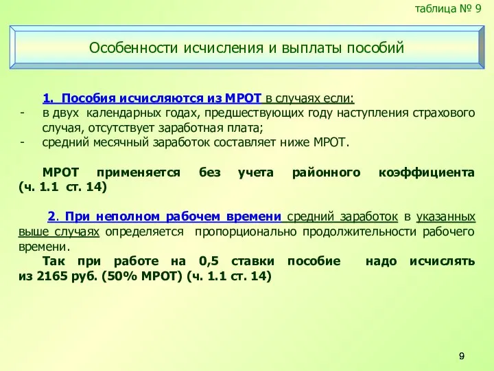 таблица № 9 Особенности исчисления и выплаты пособий 1. Пособия исчисляются