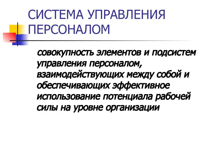 СИСТЕМА УПРАВЛЕНИЯ ПЕРСОНАЛОМ совокупность элементов и подсистем управления персоналом, взаимодействующих между