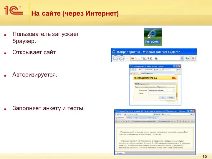 На сайте (через Интернет) Пользователь запускает браузер. Открывает сайт. Авторизируется. Заполняет анкету и тесты.