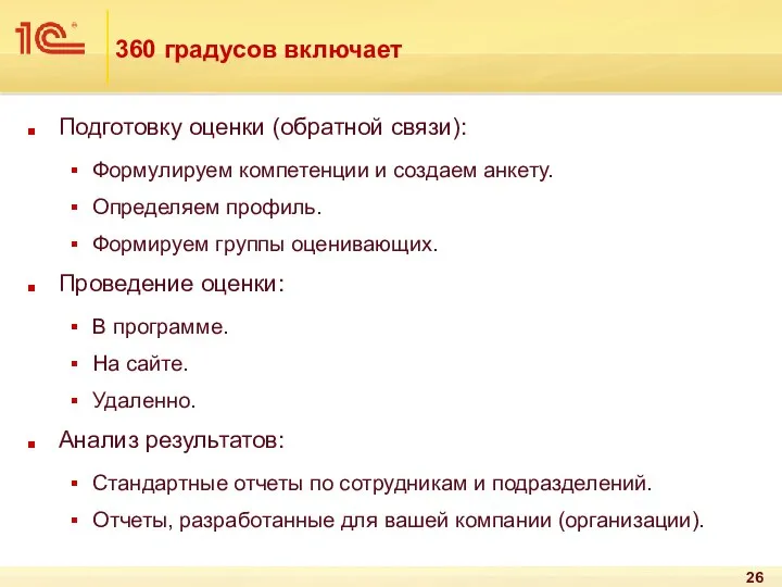 360 градусов включает Подготовку оценки (обратной связи): Формулируем компетенции и создаем