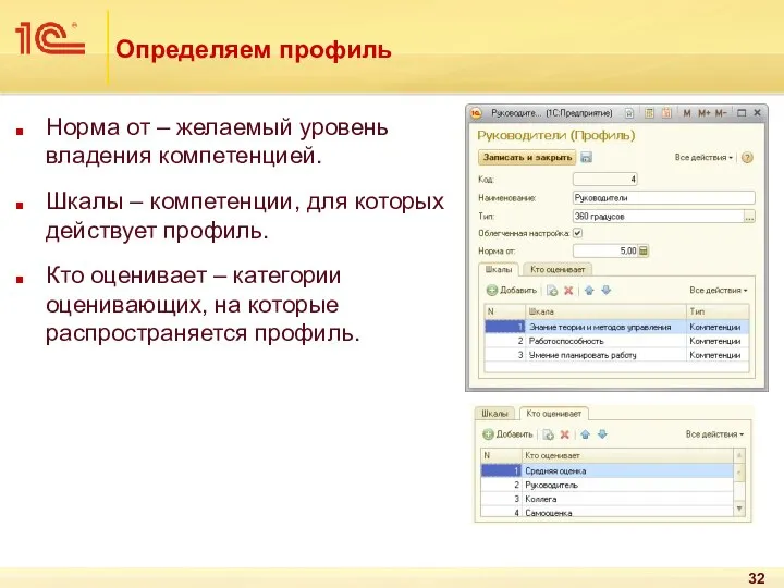 Определяем профиль Норма от – желаемый уровень владения компетенцией. Шкалы –