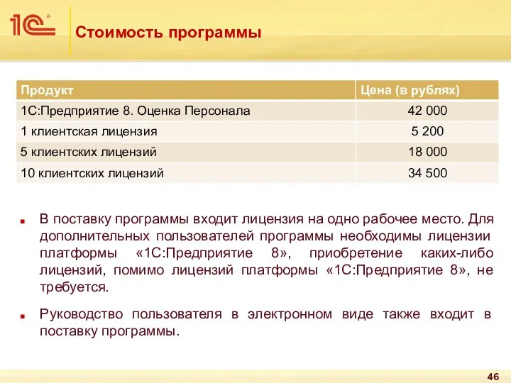 Стоимость программы В поставку программы входит лицензия на одно рабочее место.