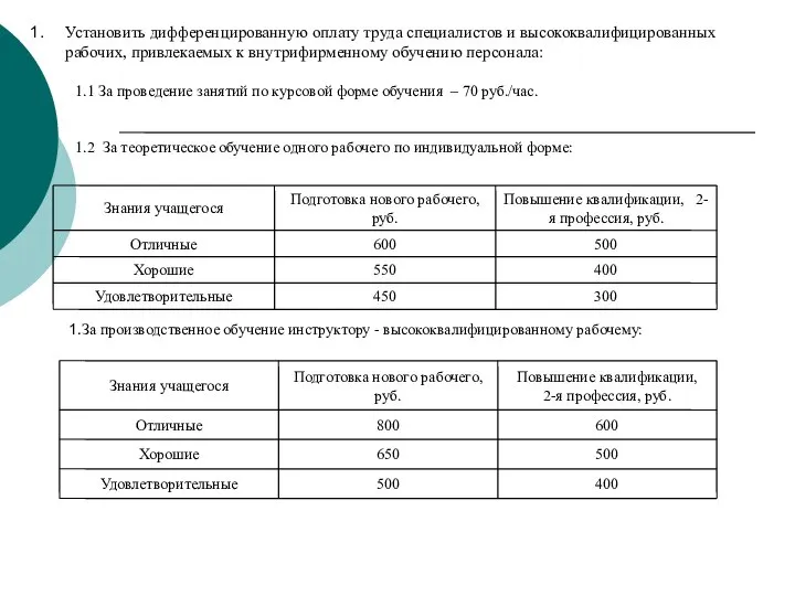 Установить дифференцированную оплату труда специалистов и высококвалифицированных рабочих, привлекаемых к внутрифирменному