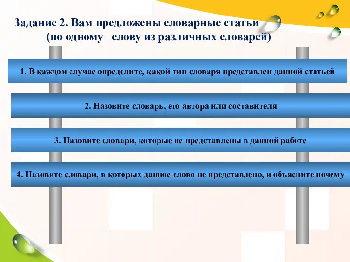 Задание 2. Вам предложены словарные статьи (по одному слову из различных словарей)