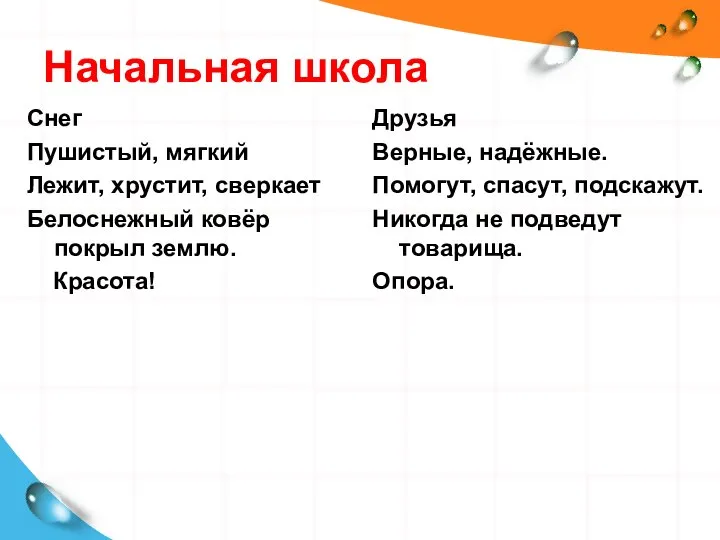 Начальная школа Снег Пушистый, мягкий Лежит, хрустит, сверкает Белоснежный ковёр покрыл