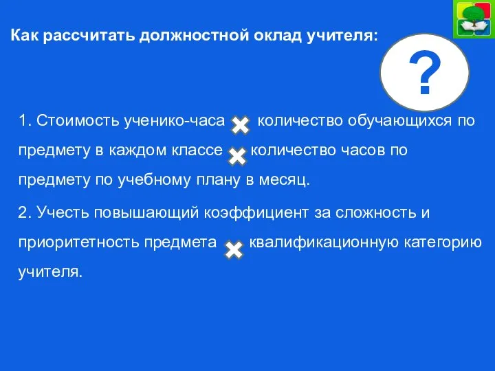 Как рассчитать должностной оклад учителя: ? 1. Стоимость ученико-часа количество обучающихся