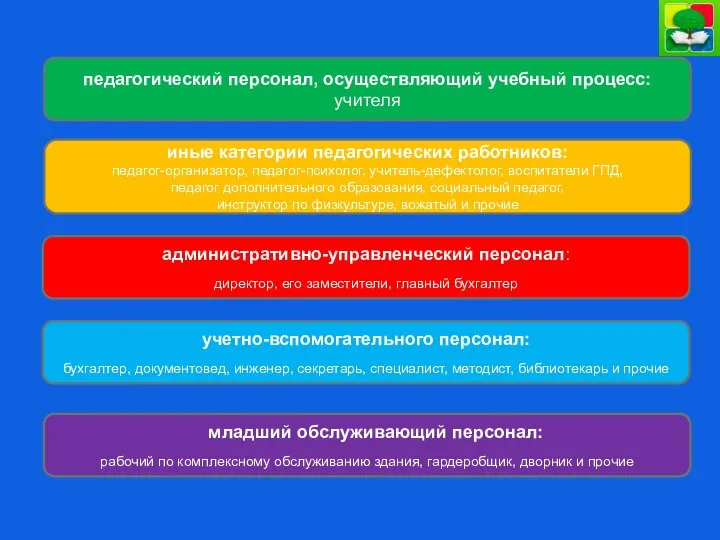 педагогический персонал, осуществляющий учебный процесс: учителя иные категории педагогических работников: педагог-организатор,