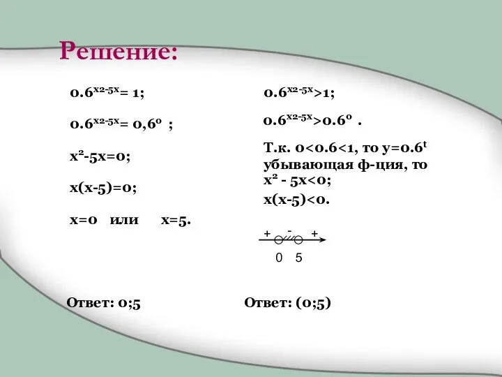 0.6x2-5x= 1; 0.6x2-5x= 0,60 ; x2-5x=0; x(x-5)=0; x=0 x=5. или 0.6x2-5x>1;