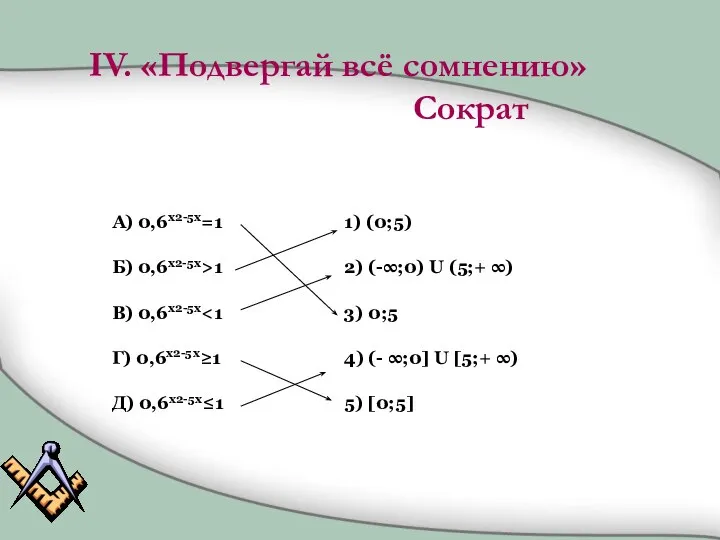 А) 0,6x2-5x=1 Б) 0,6x2-5x>1 В) 0,6x2-5x Г) 0,6x2-5x≥1 Д) 0,6x2-5x≤1 1)