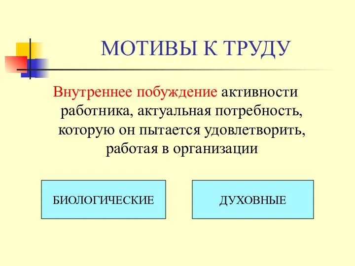 МОТИВЫ К ТРУДУ Внутреннее побуждение активности работника, актуальная потребность, которую он