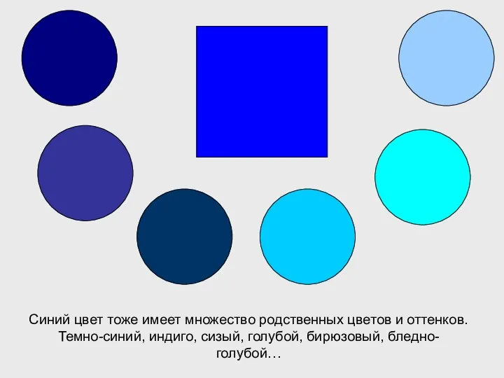 Синий цвет тоже имеет множество родственных цветов и оттенков. Темно-синий, индиго, сизый, голубой, бирюзовый, бледно-голубой…