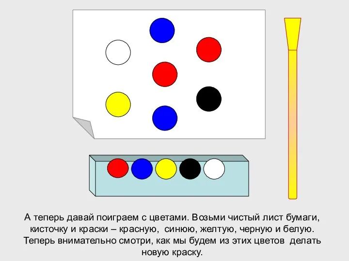 А теперь давай поиграем с цветами. Возьми чистый лист бумаги, кисточку