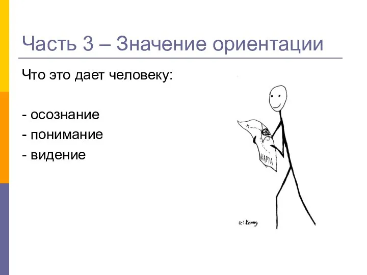 Часть 3 – Значение ориентации Что это дает человеку: - осознание - понимание - видение