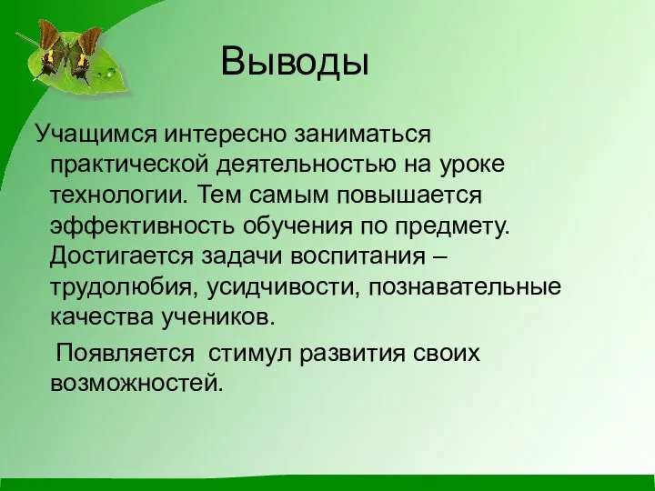 Выводы Учащимся интересно заниматься практической деятельностью на уроке технологии. Тем самым