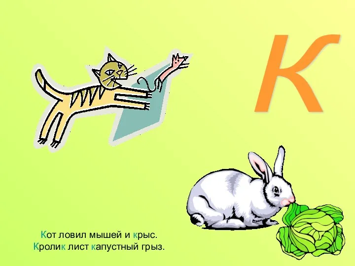 Кот ловил мышей и крыс. Кролик лист капустный грыз. К