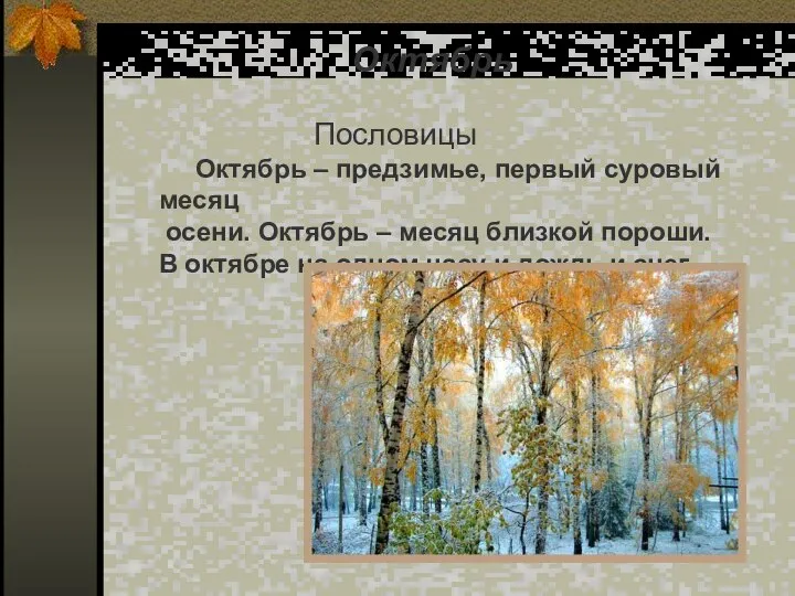 Октябрь Пословицы Октябрь – предзимье, первый суровый месяц осени. Октябрь –