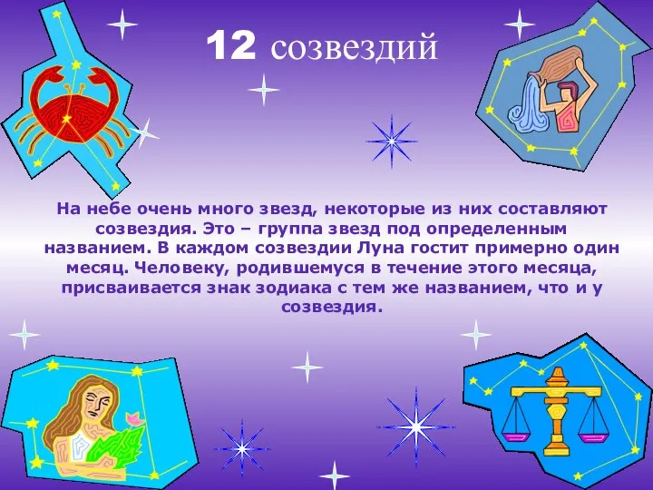 12 созвездий На небе очень много звезд, некоторые из них составляют