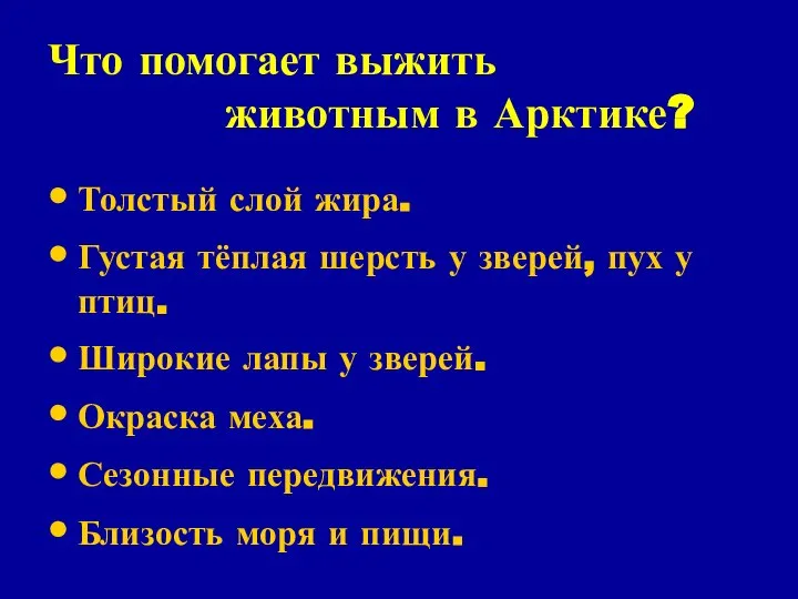 Что помогает выжить животным в Арктике? Толстый слой жира. Густая тёплая