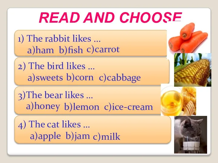 READ AND CHOOSE 1) The rabbit likes ... a)ham b)fish 2)