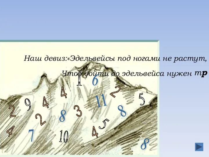 Наш девиз:«Эдельвейсы под ногами не растут,Чтоб дойти до эдельвейса нужен тр