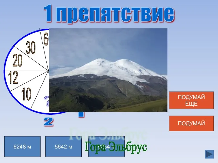 1 препятствие 6248 м 5642 м 9254 м Гора Эльбрус ПОДУМАЙ ПОДУМАЙ ЕЩЕ