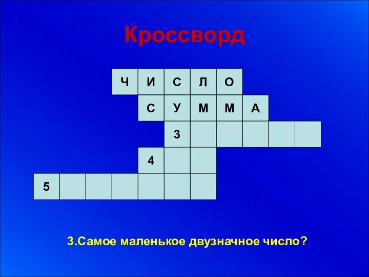 Кроссворд 3.Самое маленькое двузначное число?