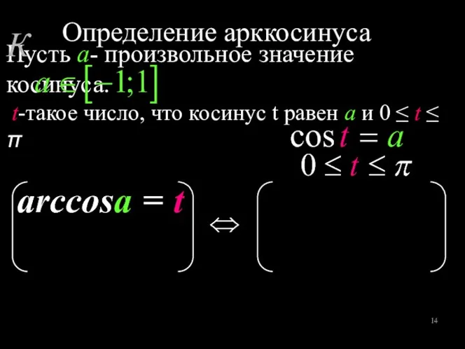 Пусть а- произвольное значение косинуса. Определение арккосинуса К t-такое число, что