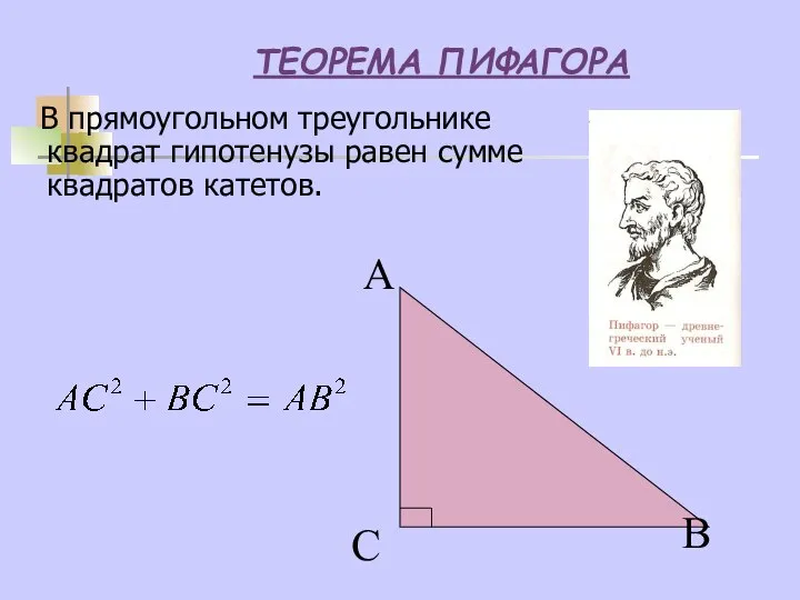 ТЕОРЕМА ПИФАГОРА В прямоугольном треугольнике квадрат гипотенузы равен сумме квадратов катетов. В С А