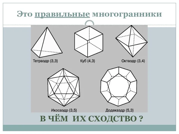 Это правильные многогранники В ЧЁМ ИХ СХОДСТВО ?