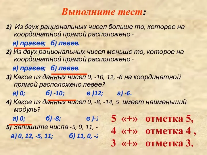 Выполните тест: 1) Из двух рациональных чисел больше то, которое на