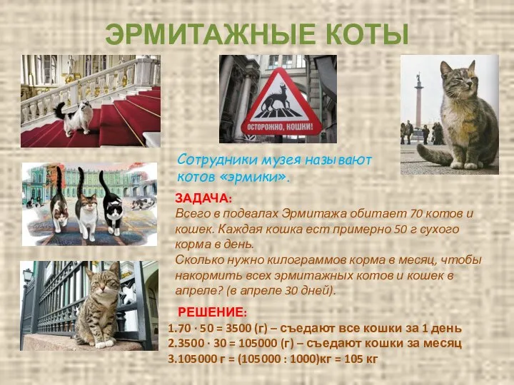 ЭРМИТАЖНЫЕ КОТЫ Сотрудники музея называют котов «эрмики». ЗАДАЧА: Всего в подвалах