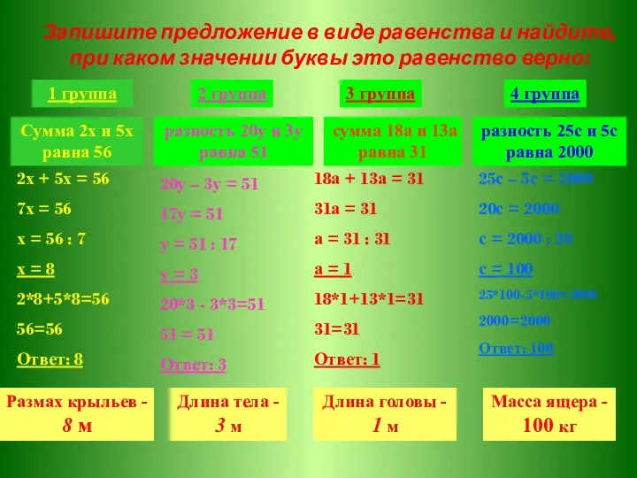 Запишите предложение в виде равенства и найдите, при каком значении буквы