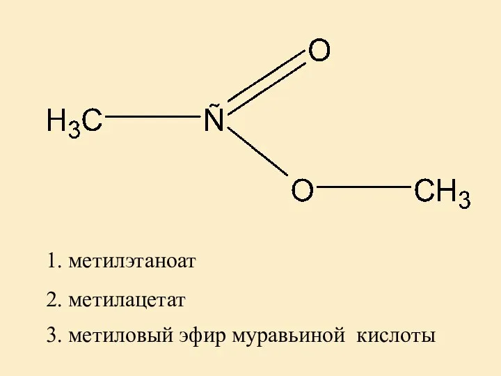 2. метилацетат 1. метилэтаноат 3. метиловый эфир муравьиной кислоты